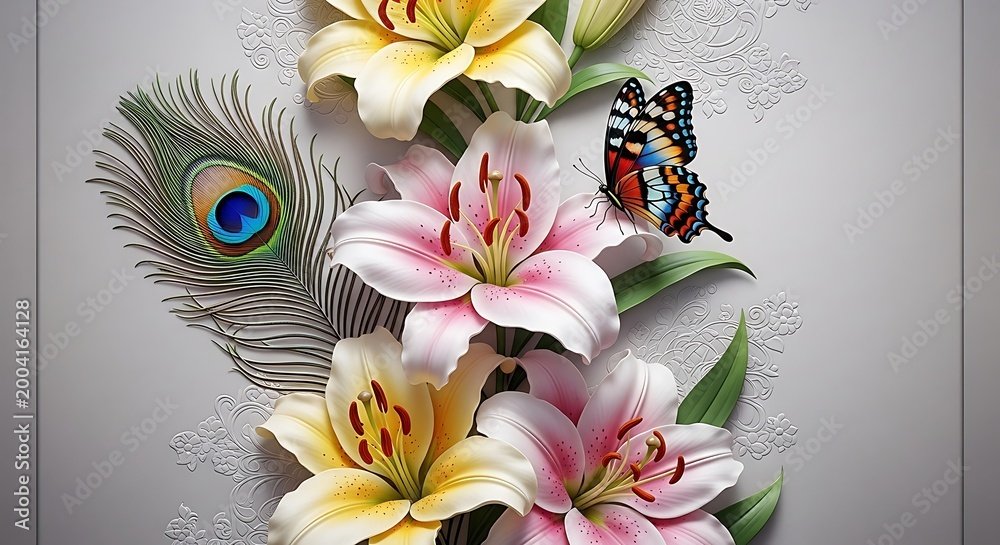 Elegant 3D Floral Wallpaper with Pink Lilies, Peacock Feather, and Butterfly on White Lace Background 2026