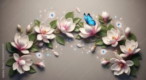 3D Floral Wallpaper with Blue Butterfly and White Magnolias 2026