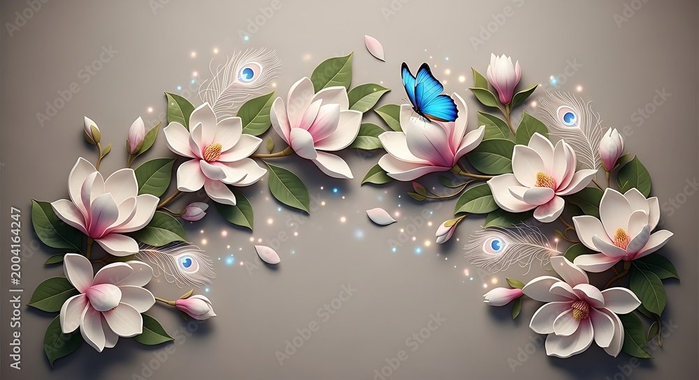 3D Floral Wallpaper with Blue Butterfly and White Magnolias 2026