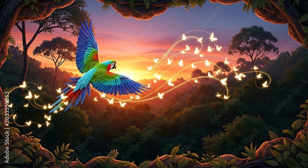 Colorful Parrot Flying in Tropical Forest at Sunset: A Dramatic Statement of Freedom and Warmth
