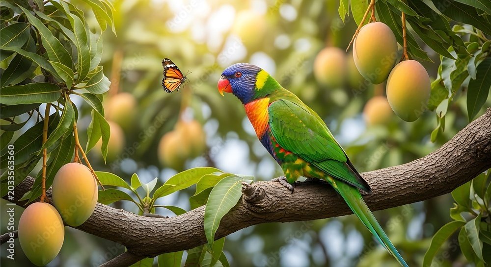 Colorful Parrot Perched on Mango Tree Branch with Butterfly: Bring the Lush Tropics into Modern Interiors 2026