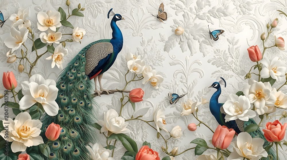 3D Wallpaper Majestic Peacocks Among White Orchids: The Ultimate Fusion of Exotic Wildlife and Floral Luxury