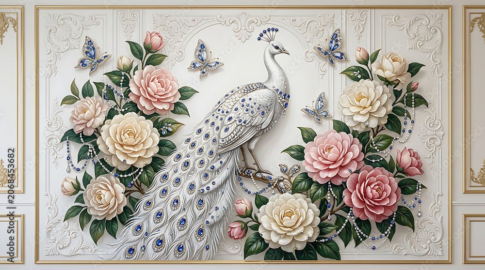 A White Peacock with Blue Jewels and Flowers on a White Background with Gold Frame: The Ultimate Masterpiece of Royal Modern Luxury