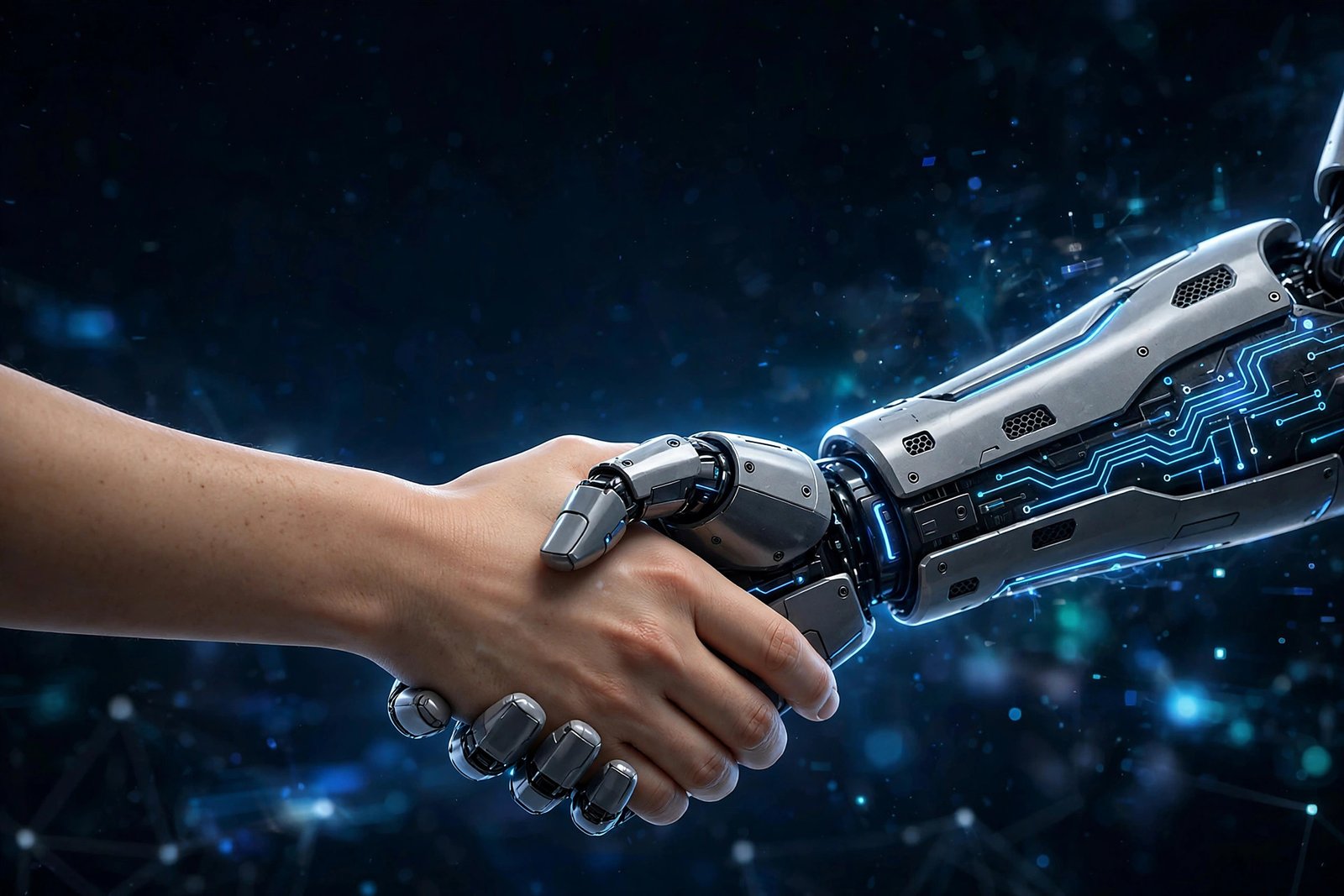 Human hand shaking robot hand, AI business wallpaper