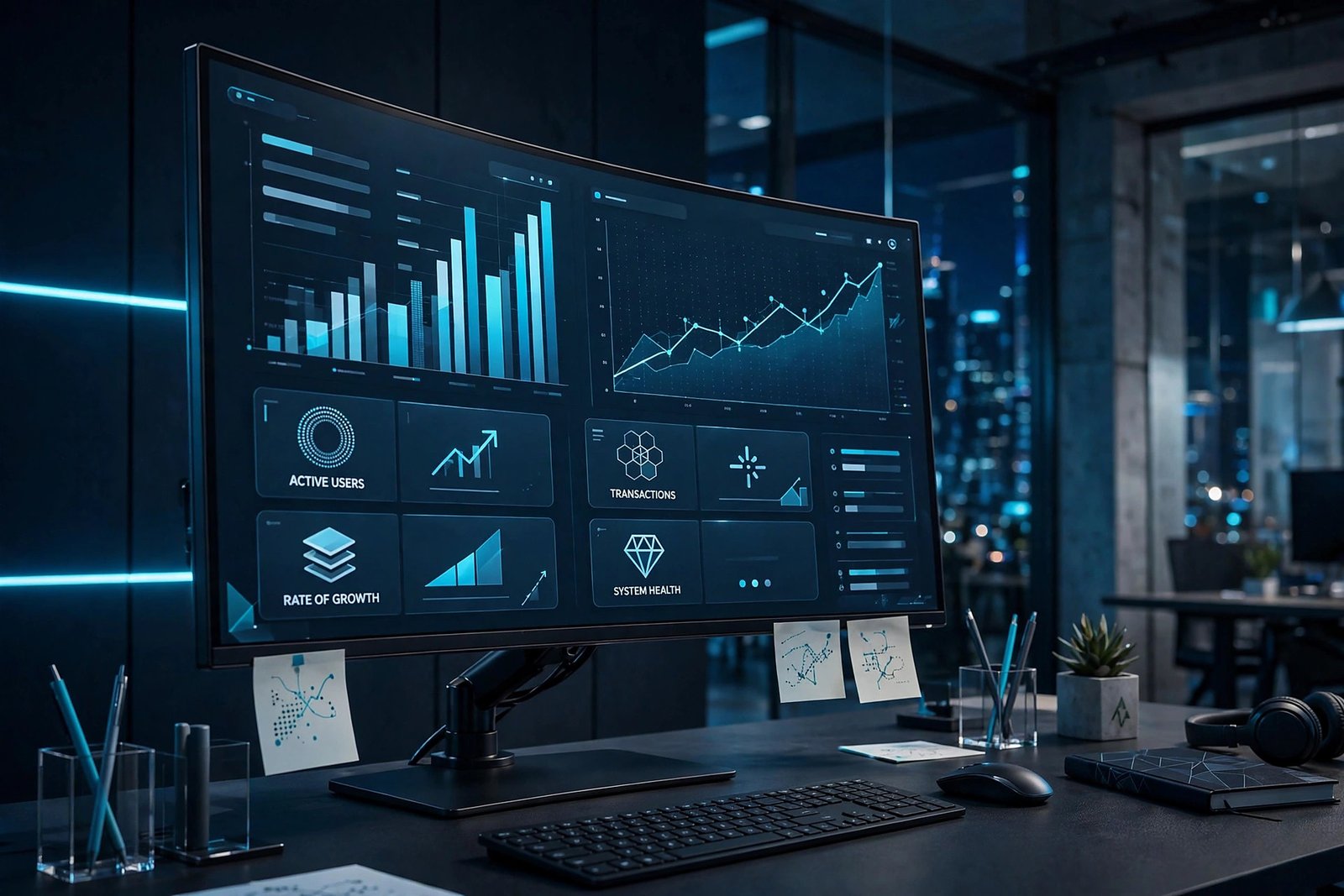 Analytics dashboard on ultrawide monitor at night, HD wallpaper