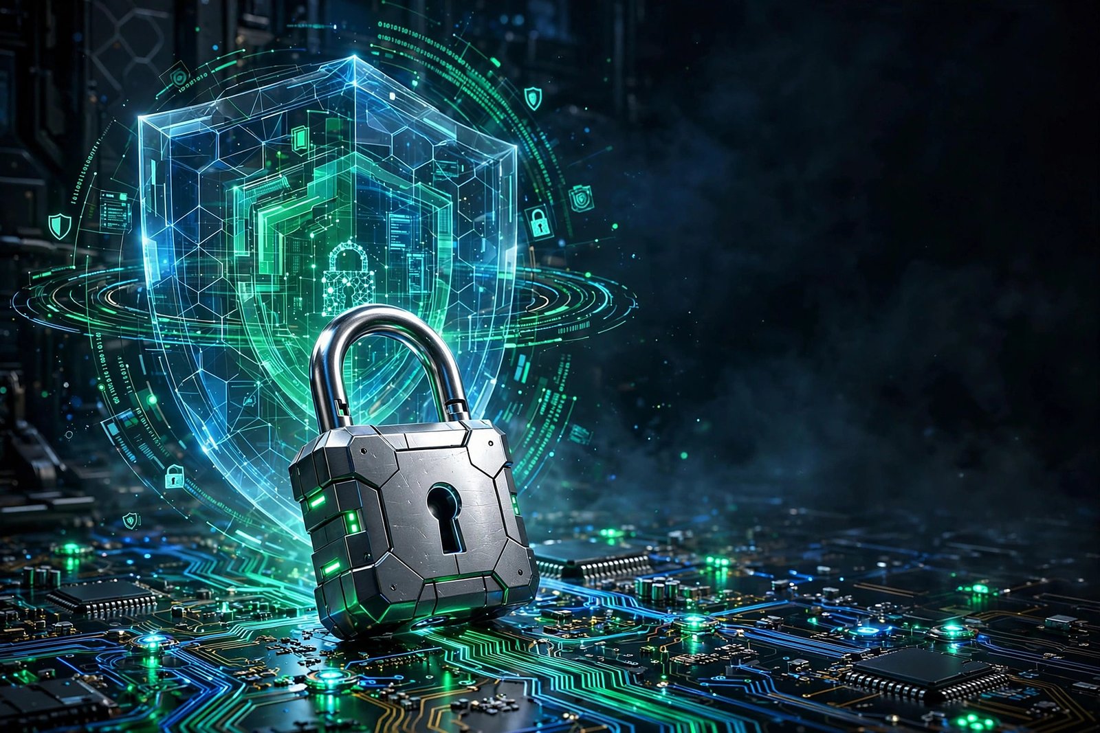 Cybersecurity padlock with holographic shield, HD wallpaper