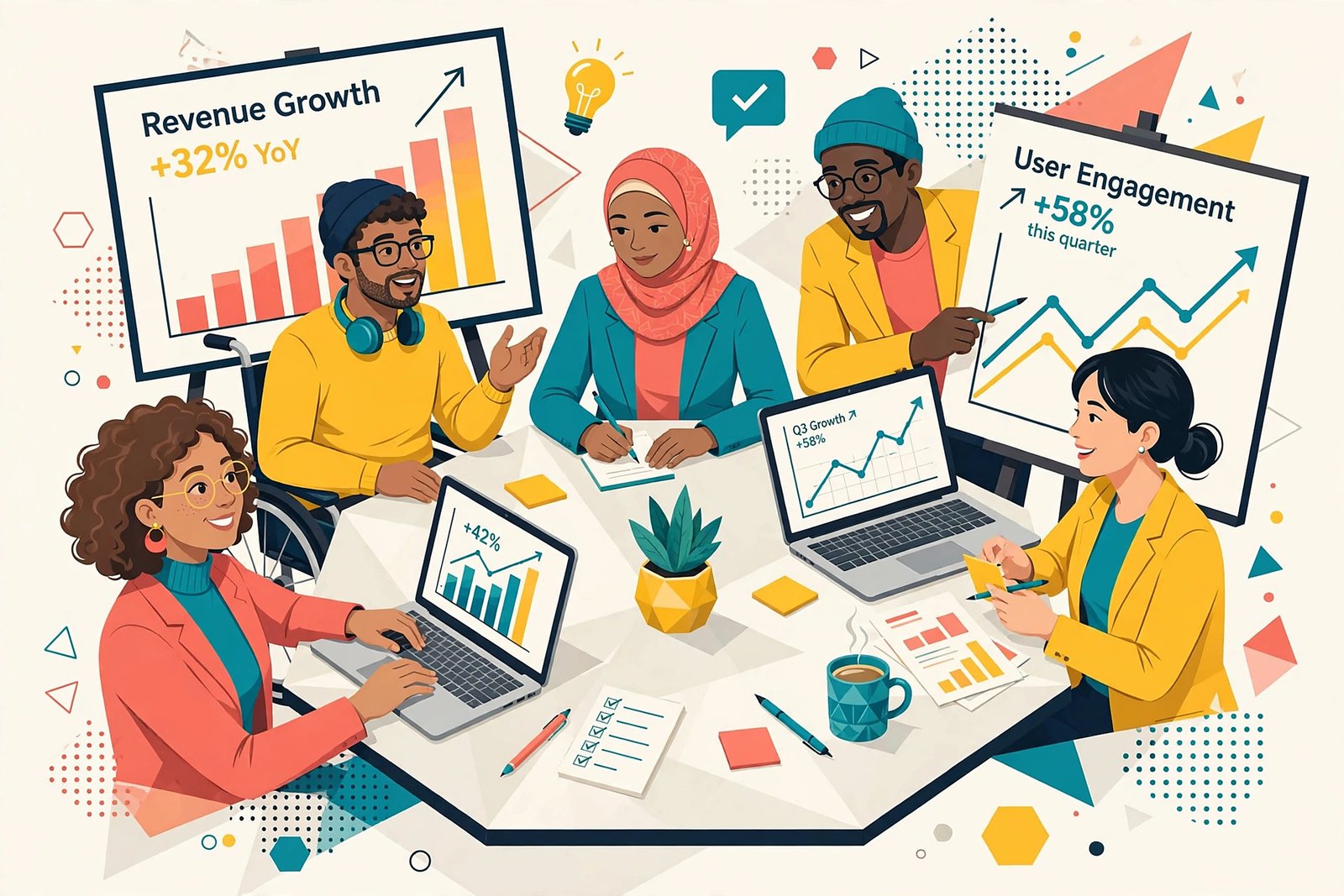 Diverse startup team illustration with growth charts, HD wallpaper