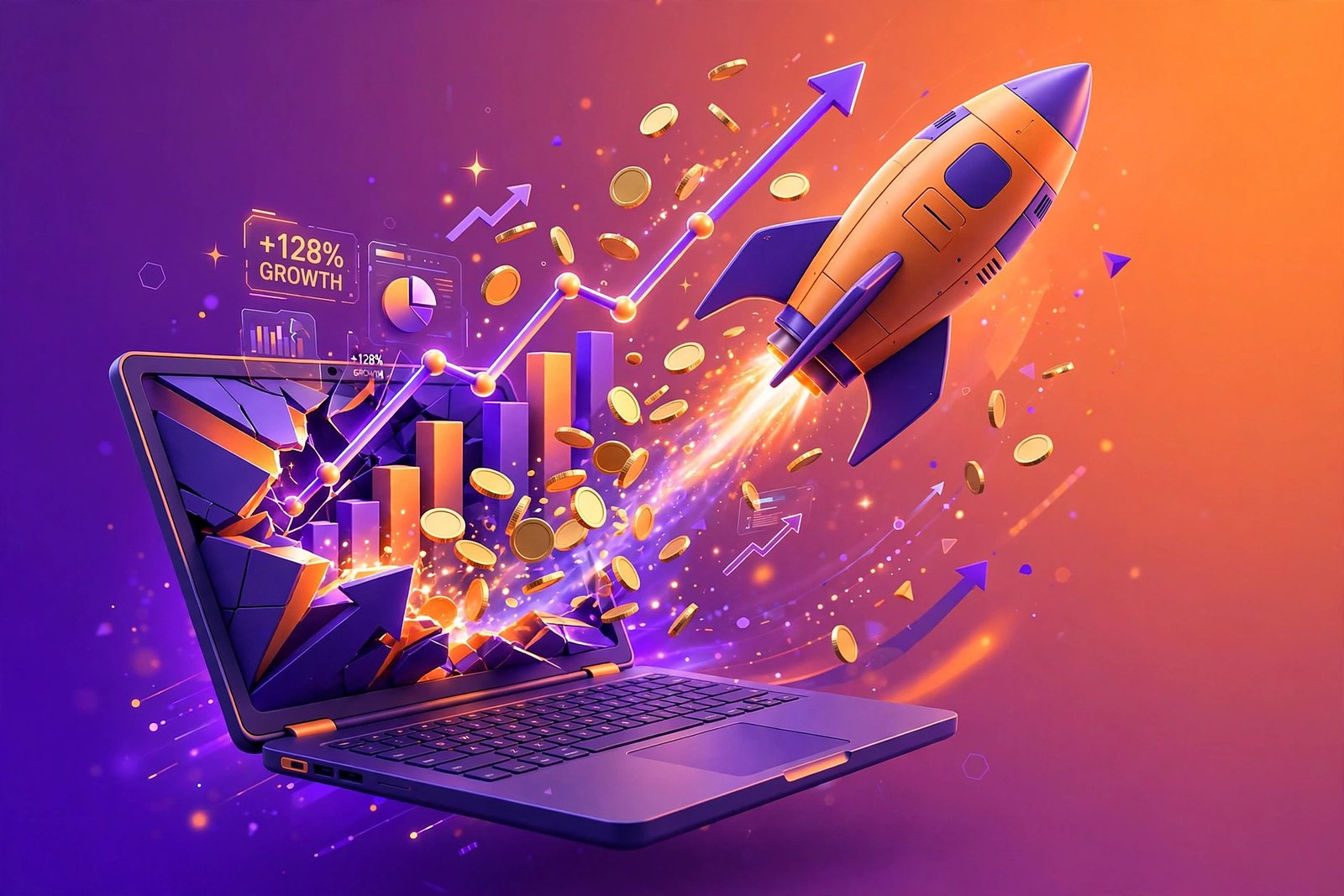 Rocket launching from laptop with growth chart, HD wallpaper