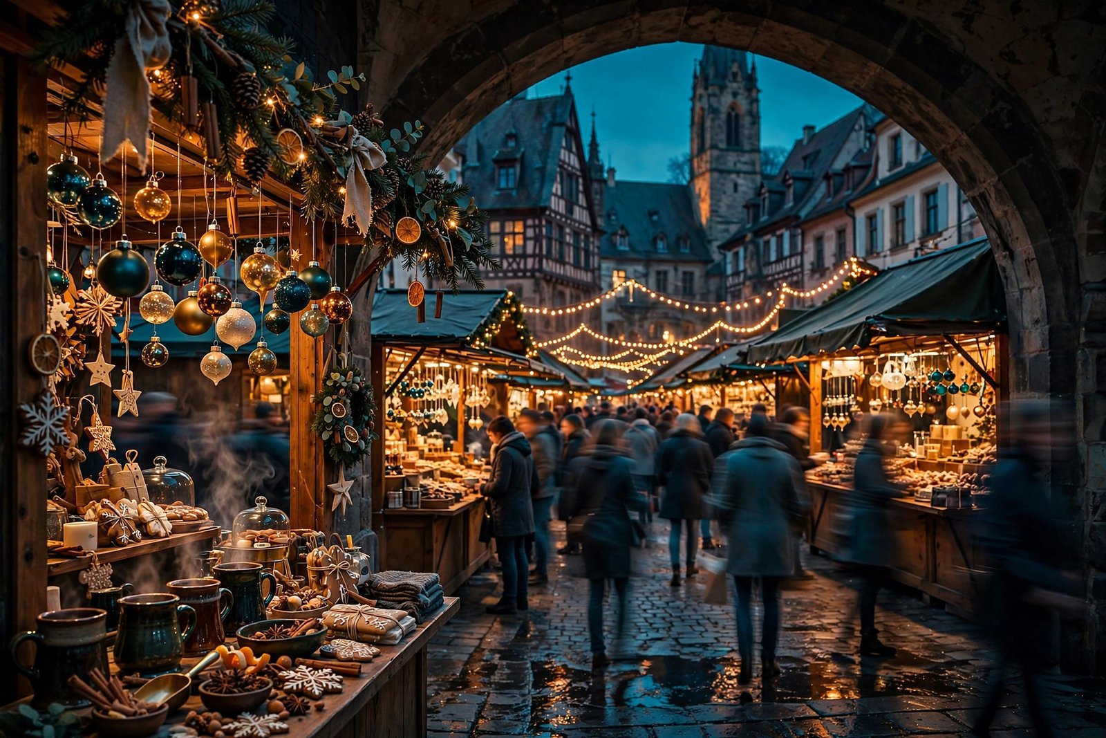 Old Town Christmas market at dusk with wooden stalls and glowing string lights