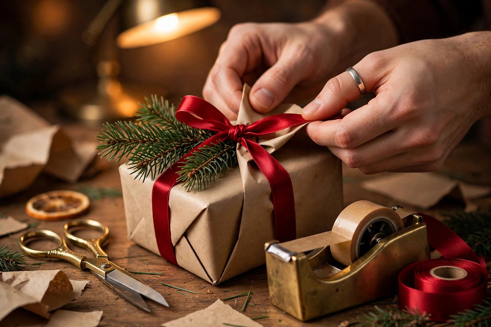 Hands tying a red satin bow on a kraft paper gift with pine sprig