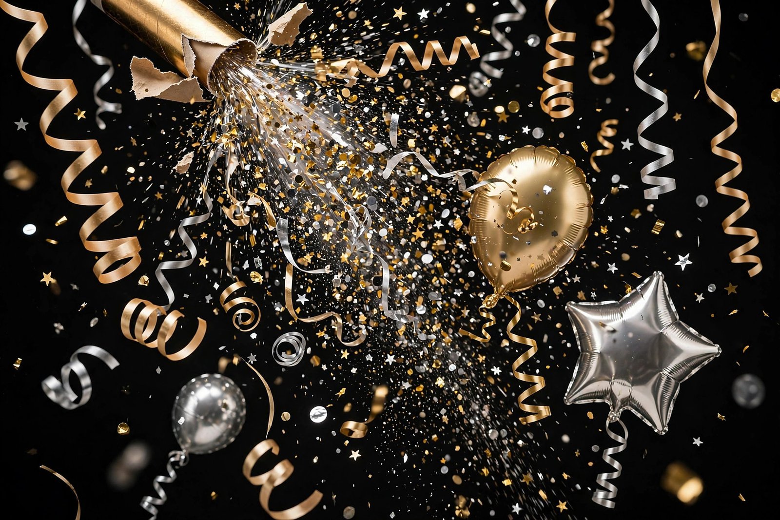 Gold party popper bursting with gold and silver confetti on black background