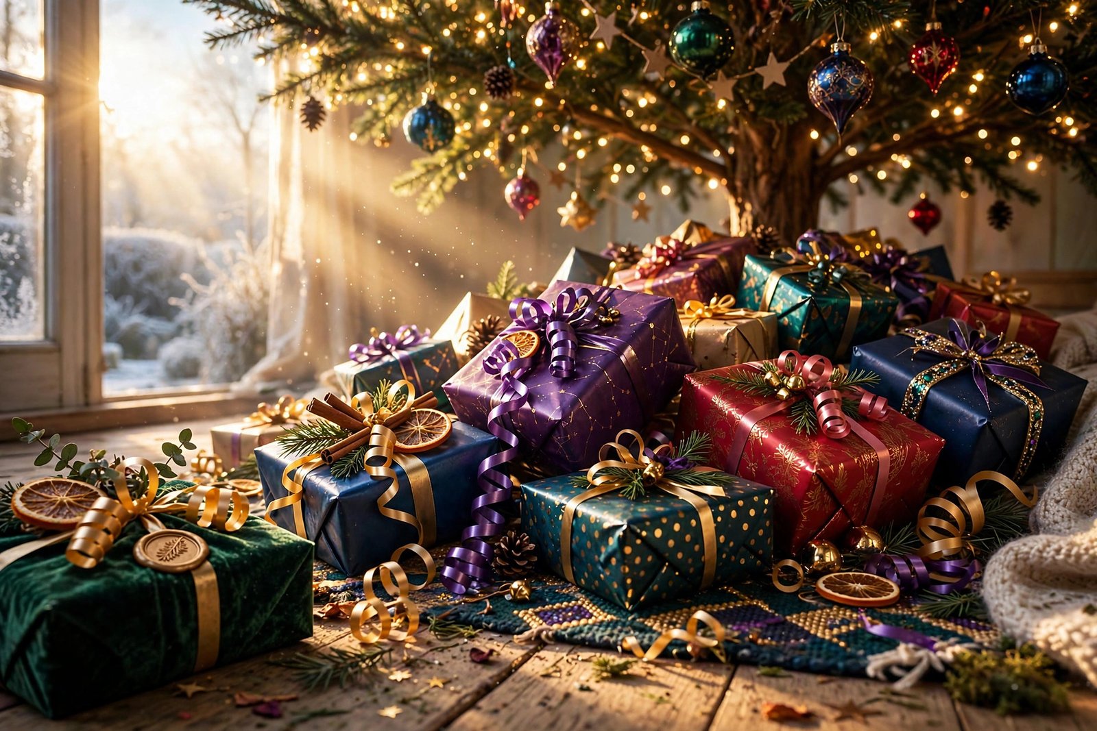 Jewel-tone wrapped Christmas gifts with gold ribbons under a lit tree
