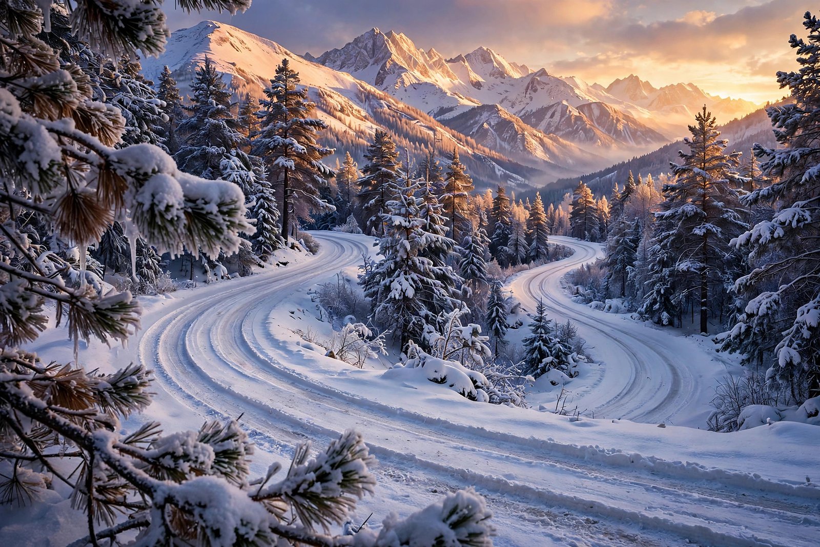 Snowy mountain road winding through pines with sunrise on the peaks