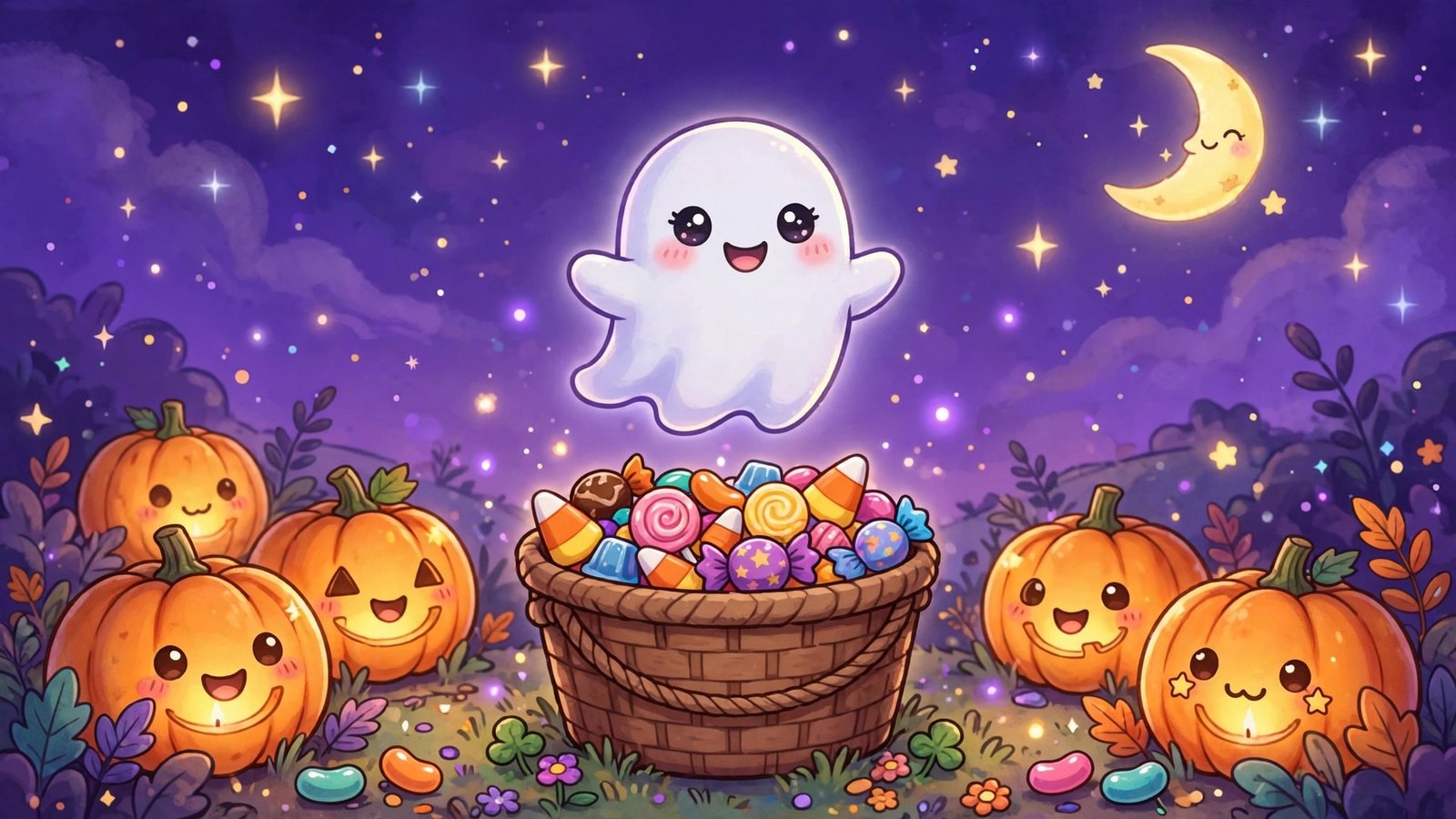 Cute ghost with candy Halloween wallpaper