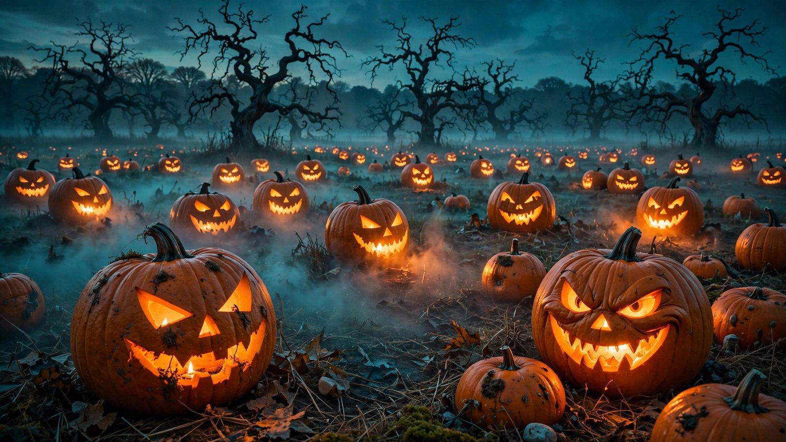 Glowing pumpkin patch at dusk Halloween wallpaper