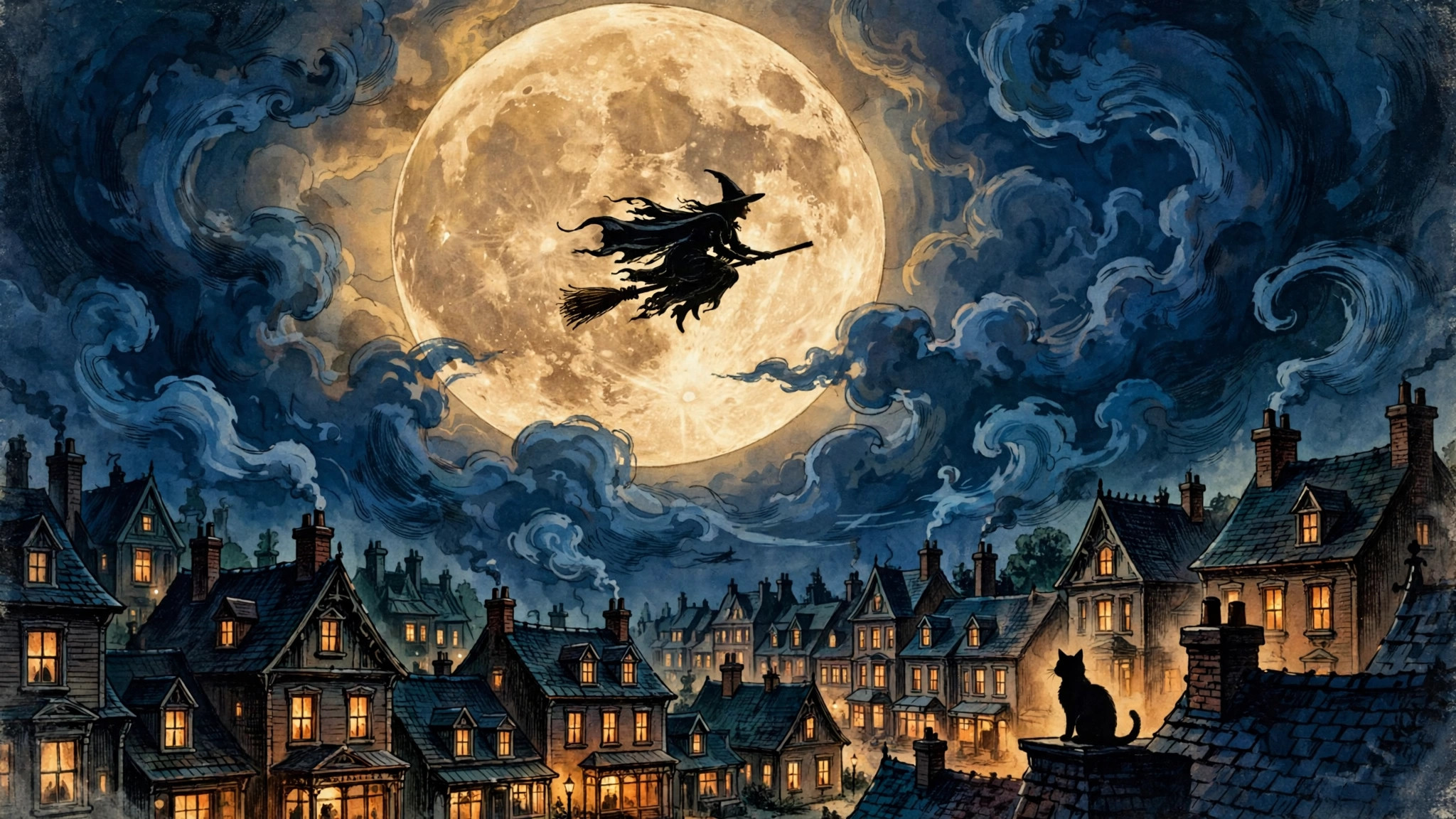 Witch flying across the moon Halloween wallpaper
