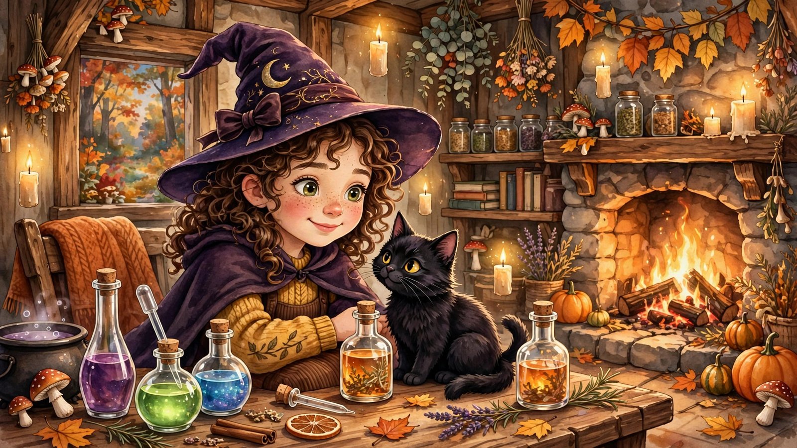 Cozy witch cottage Halloween wallpaper