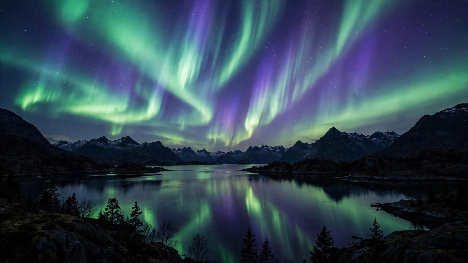 Green and violet aurora over a still Norwegian fjord — northern lights wallpaper