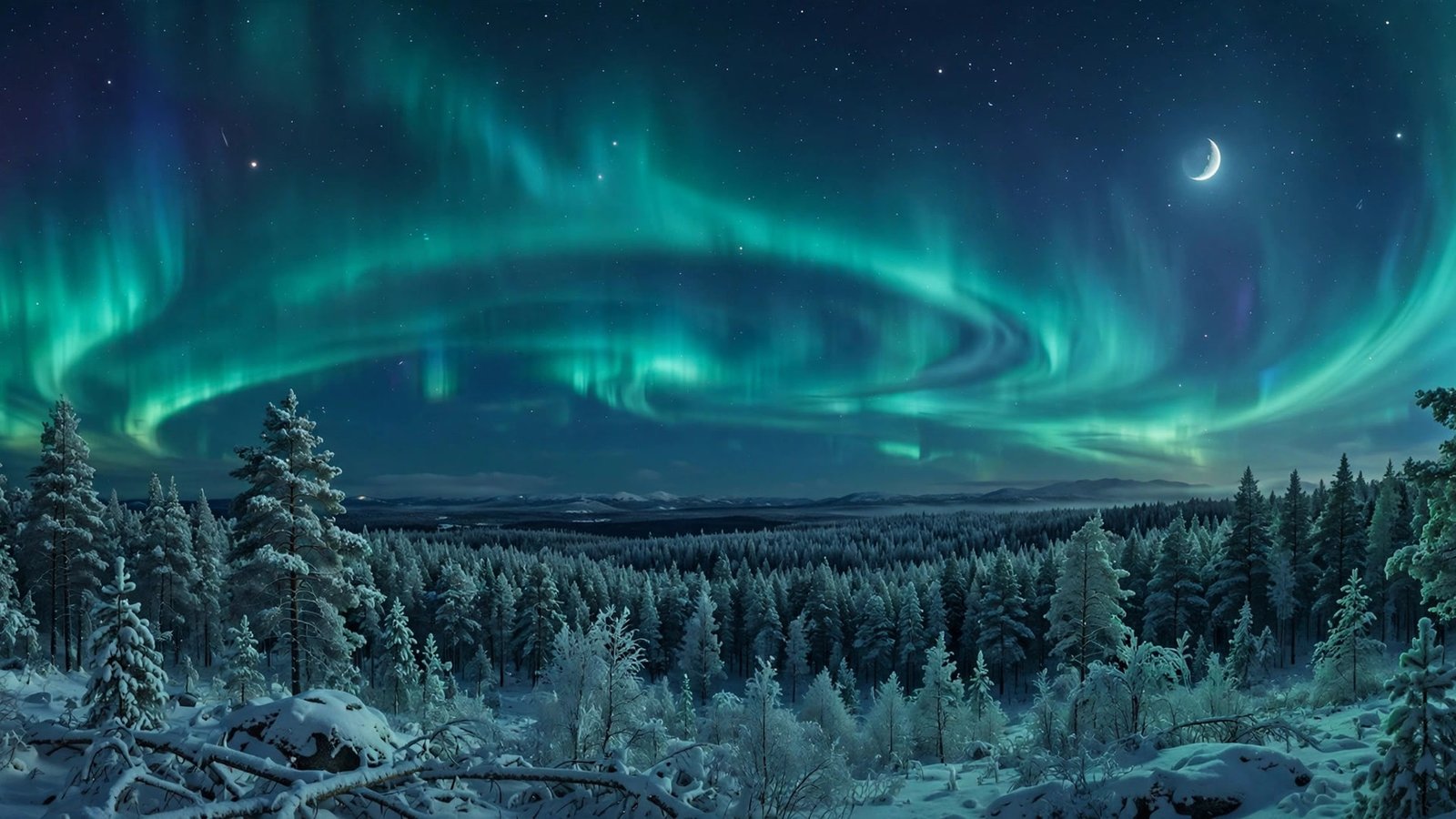 Teal aurora spiral over snow-covered pines with a crescent moon — northern lights wallpaper