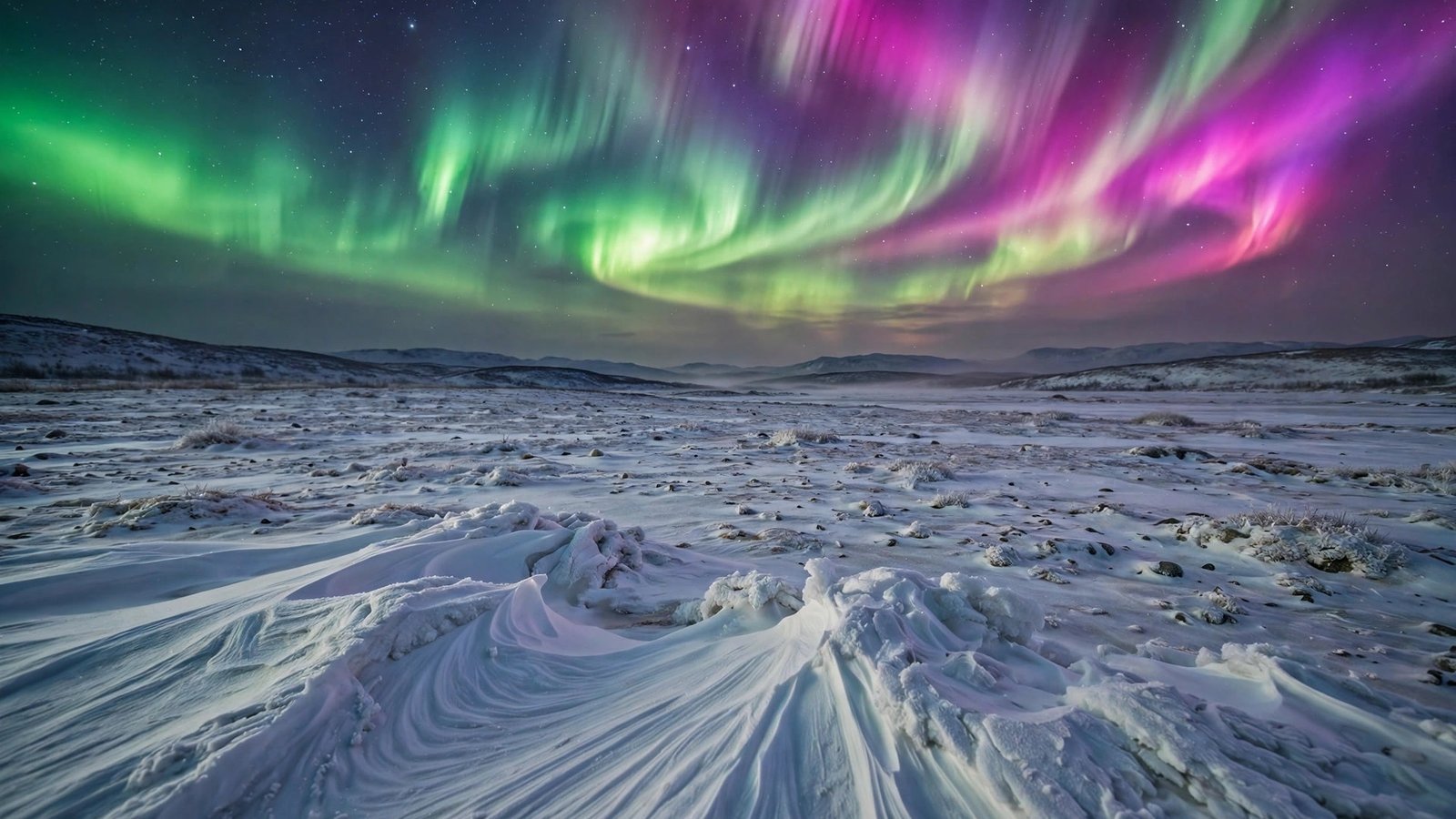 Pink and green aurora over frozen tundra — northern lights wallpaper