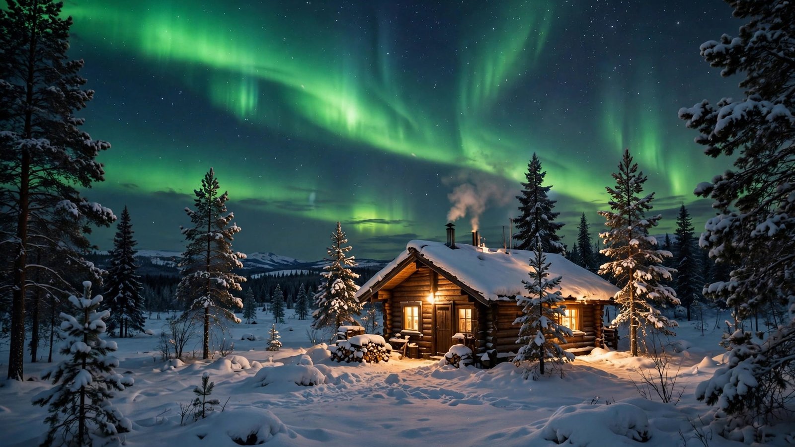Warm cabin under the aurora in Lapland — northern lights wallpaper