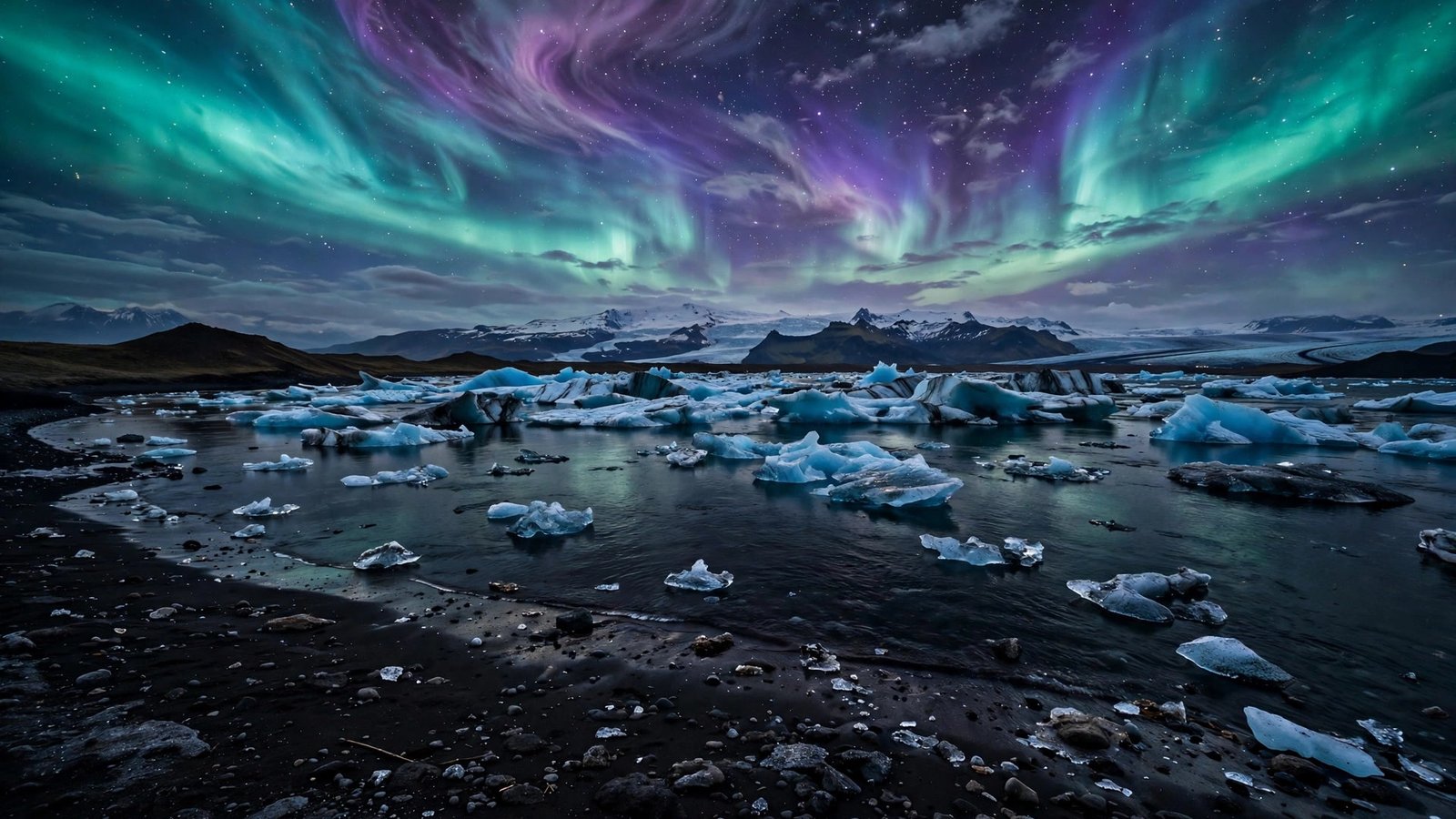 Teal and purple aurora over icebergs in a glacier lagoon — northern lights wallpaper