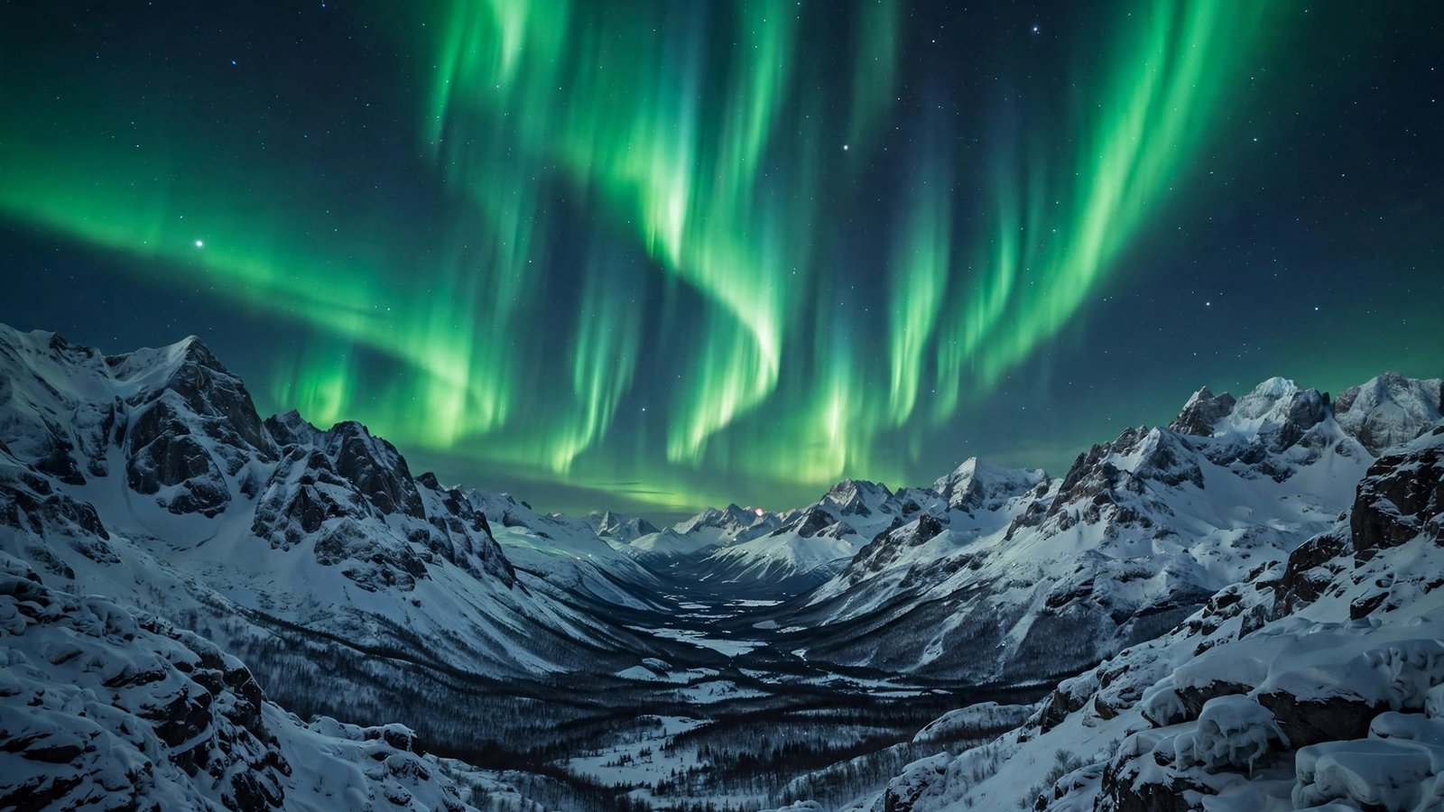 Aurora pouring like a waterfall over a valley — northern lights wallpaper