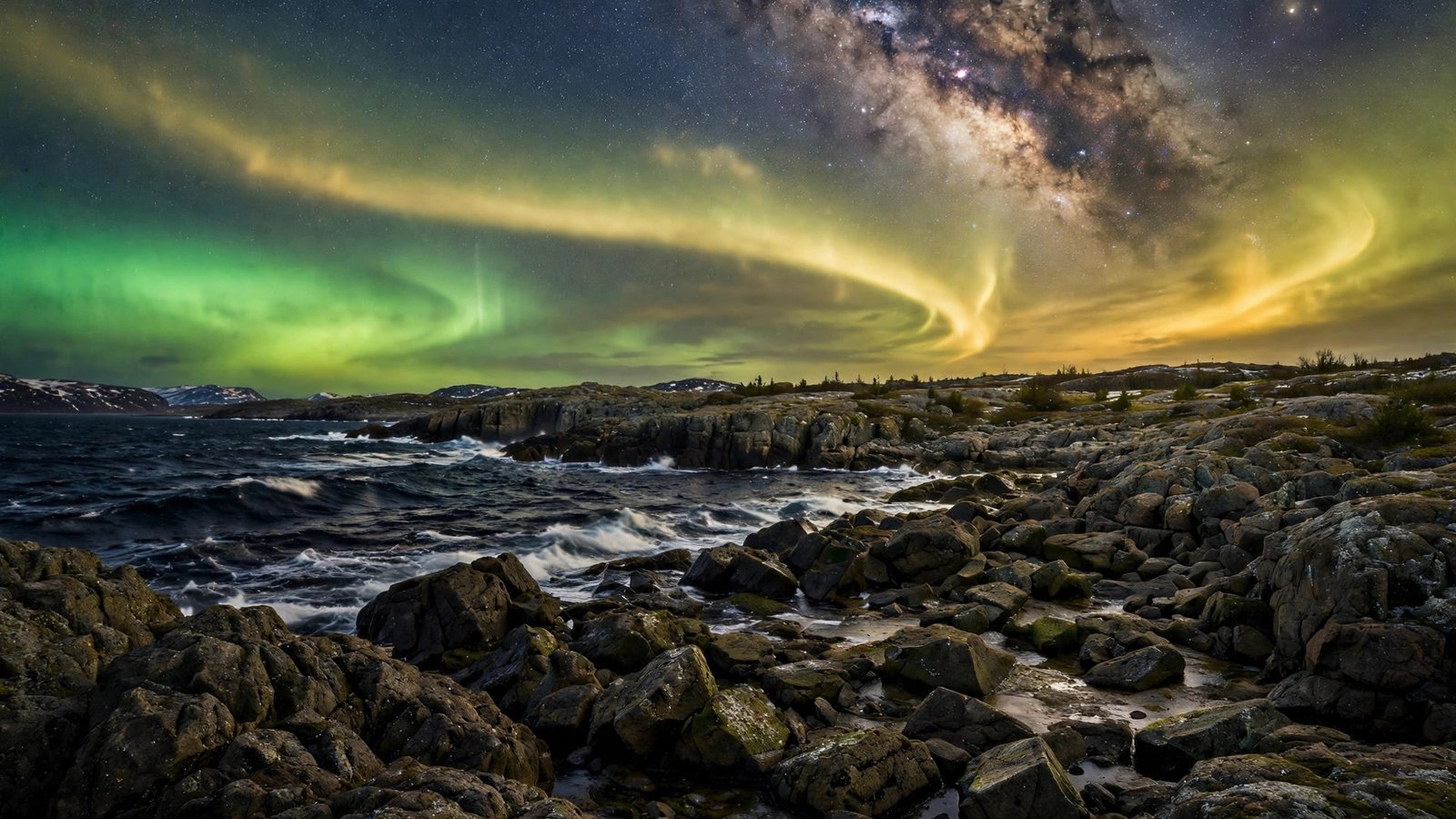 Golden-green aurora over an Arctic coastline — northern lights wallpaper