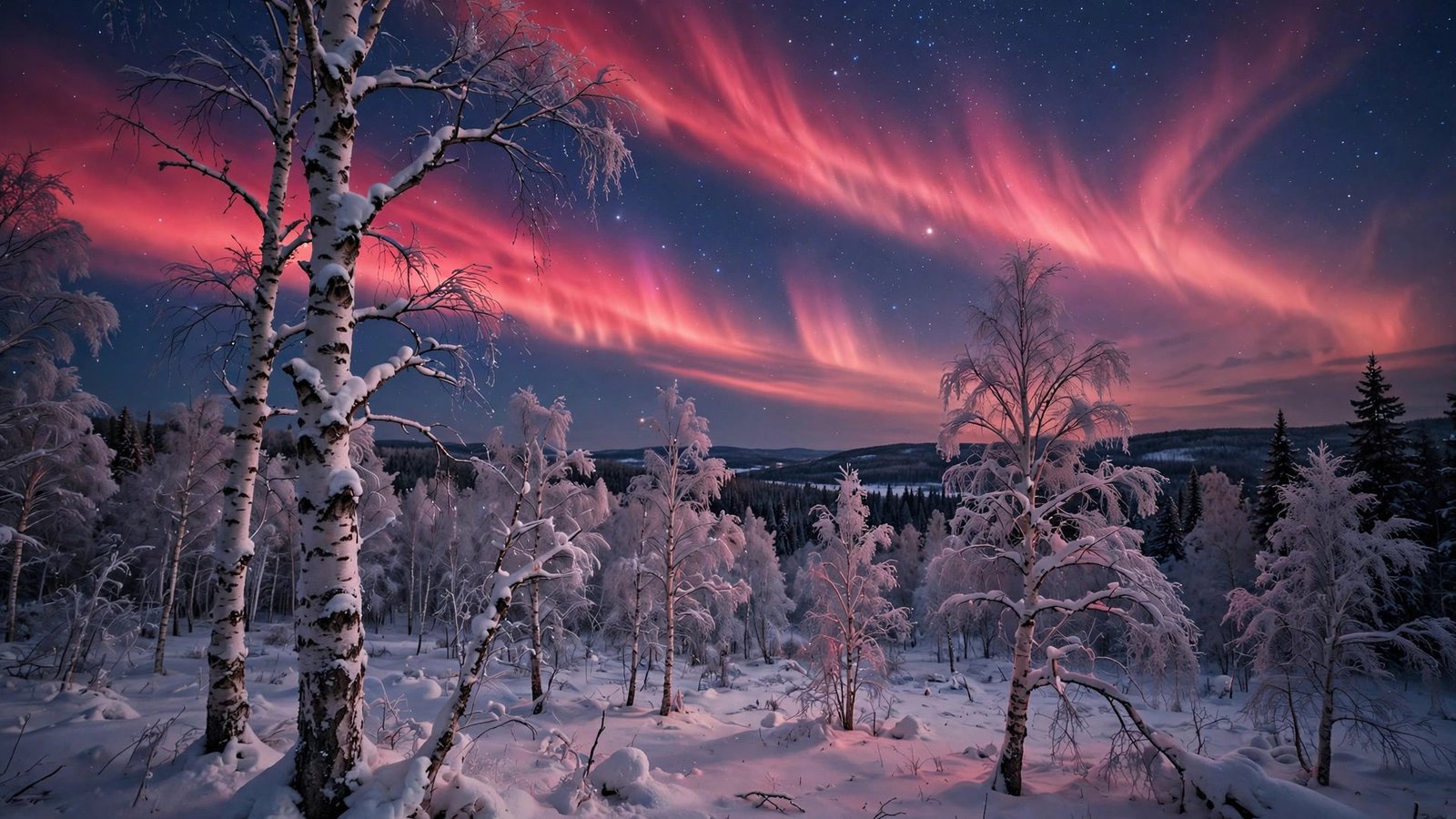 Rare red aurora over a birch forest — northern lights wallpaper