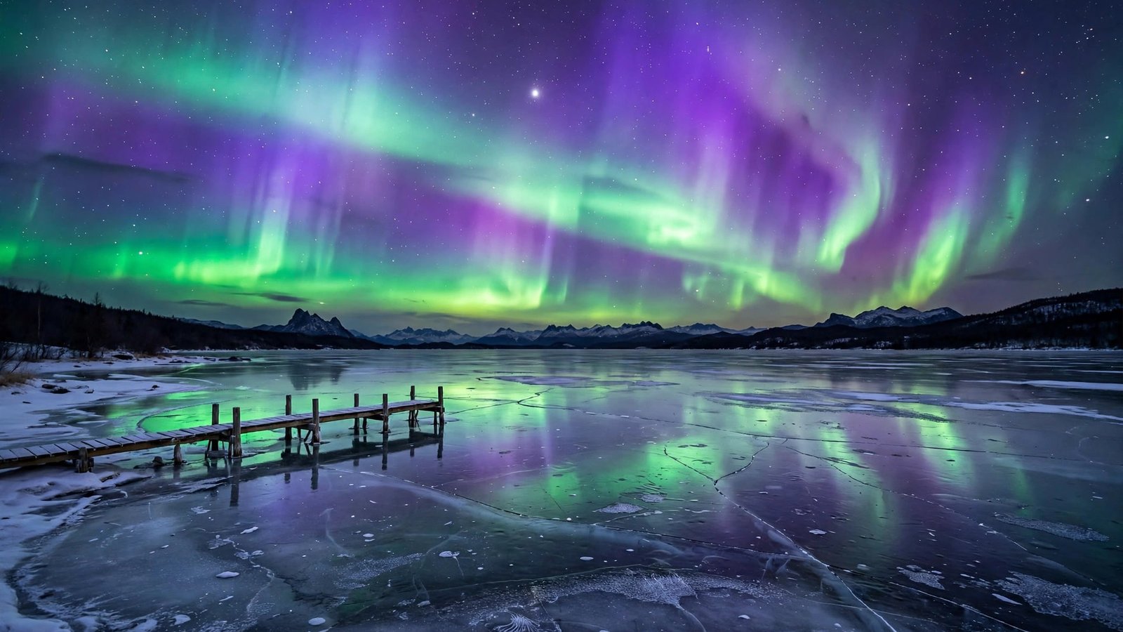 Wooden pier under a violet aurora — northern lights wallpaper