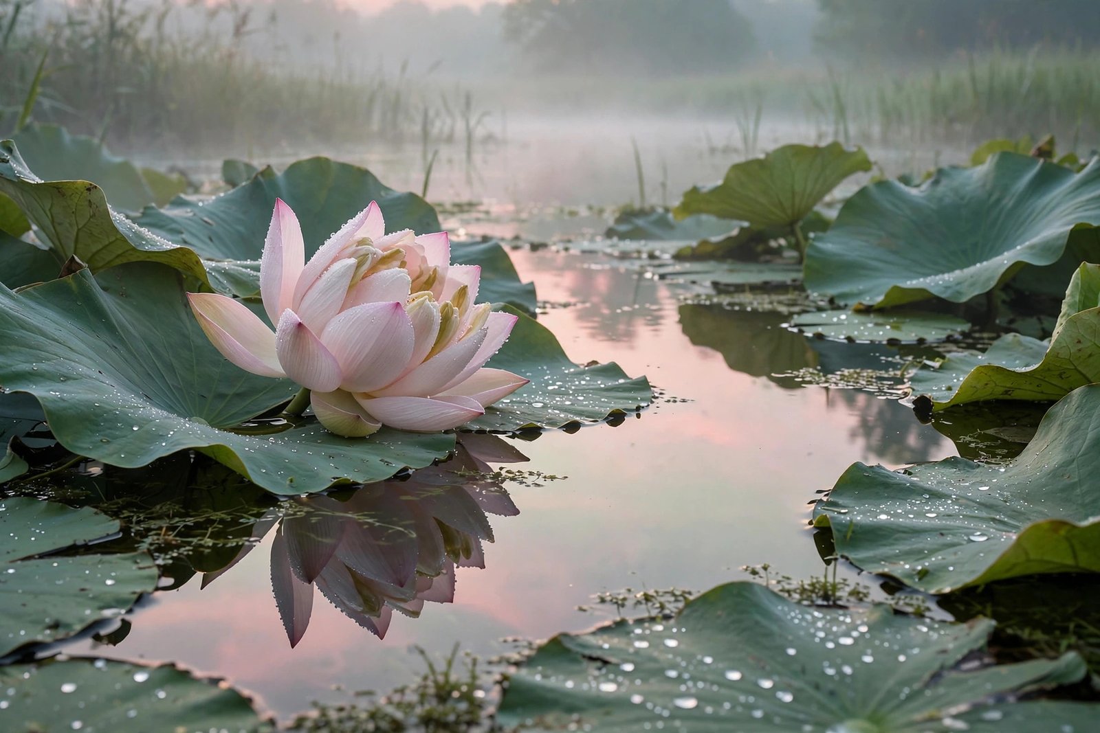 Pink lotus flower at dawn over misty pond, floral HD wallpaper