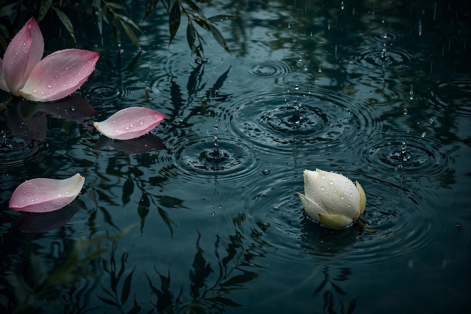 Lotus pond in rain, dark teal floral HD wallpaper
