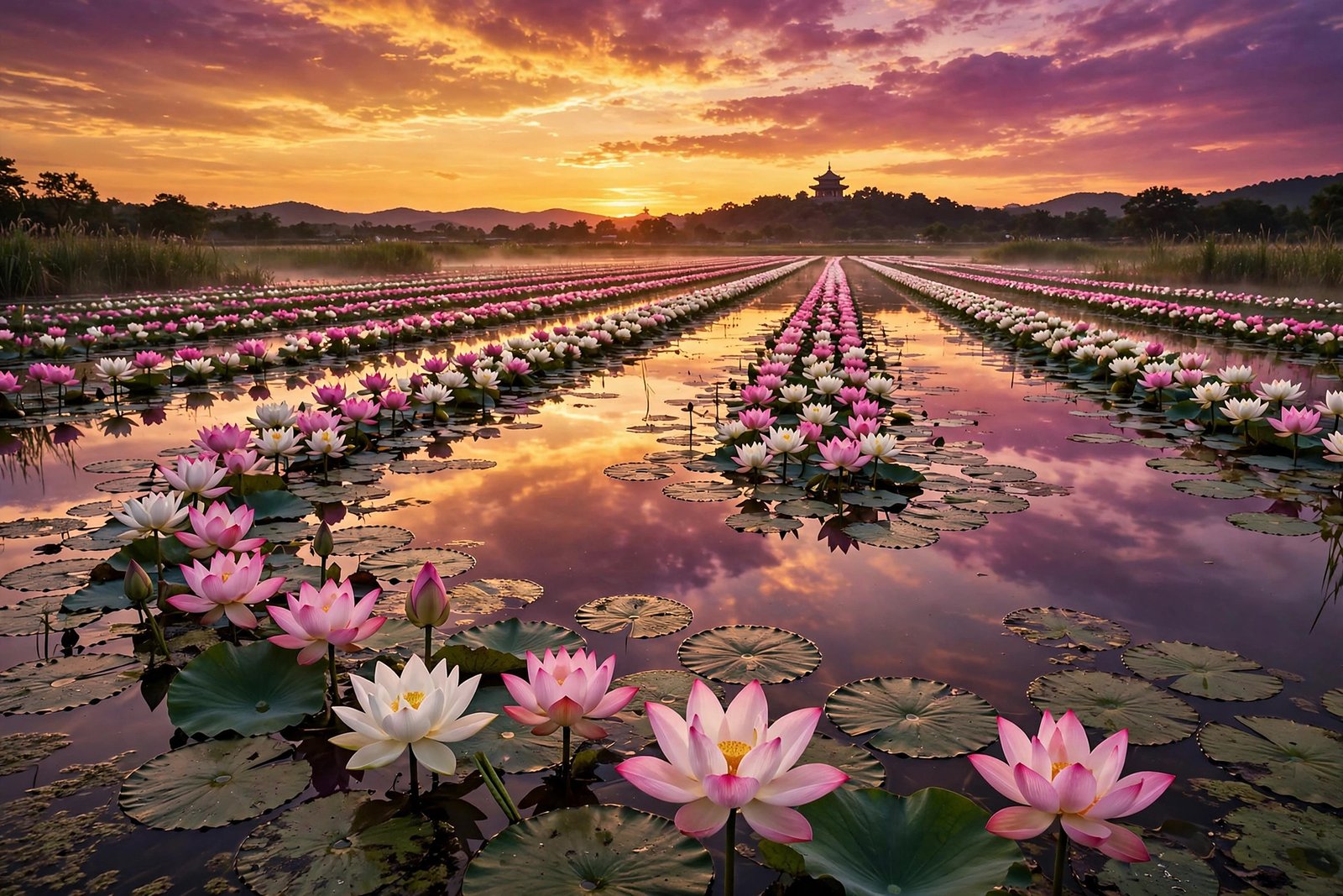 Lotus pond at golden sunset, floral HD wallpaper