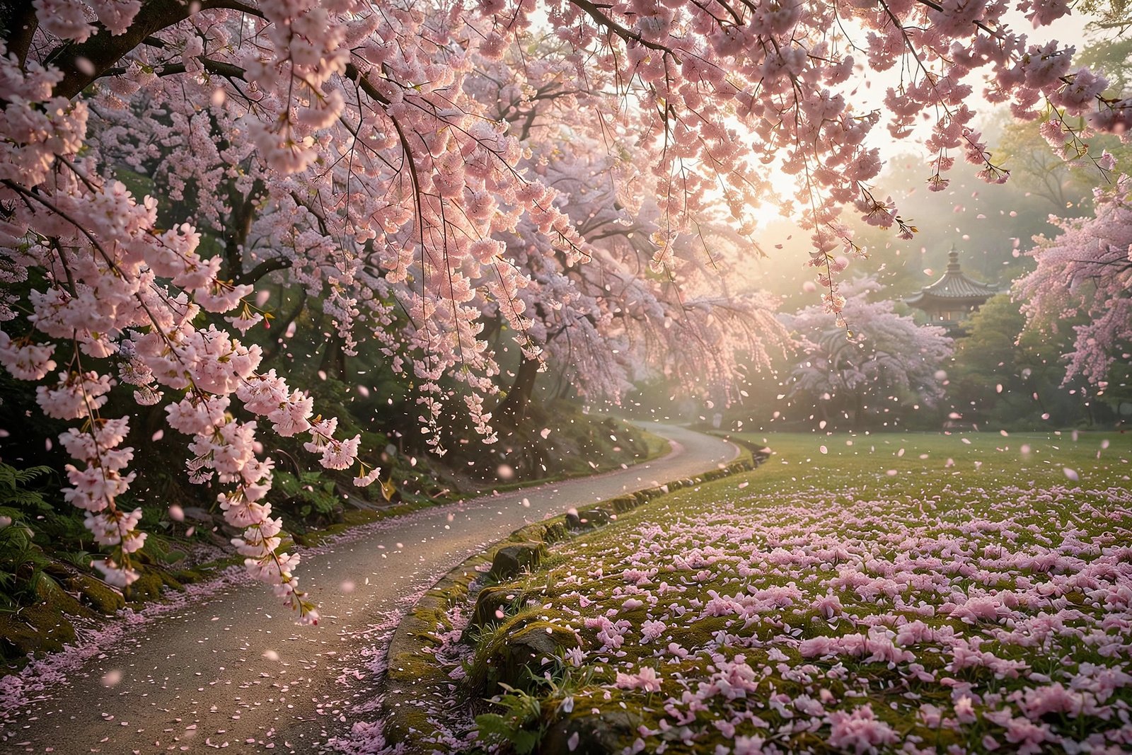 Cherry blossom petal path in park, floral HD wallpaper