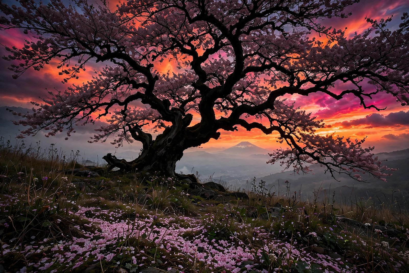 Cherry blossom tree silhouette at sunset, floral HD wallpaper