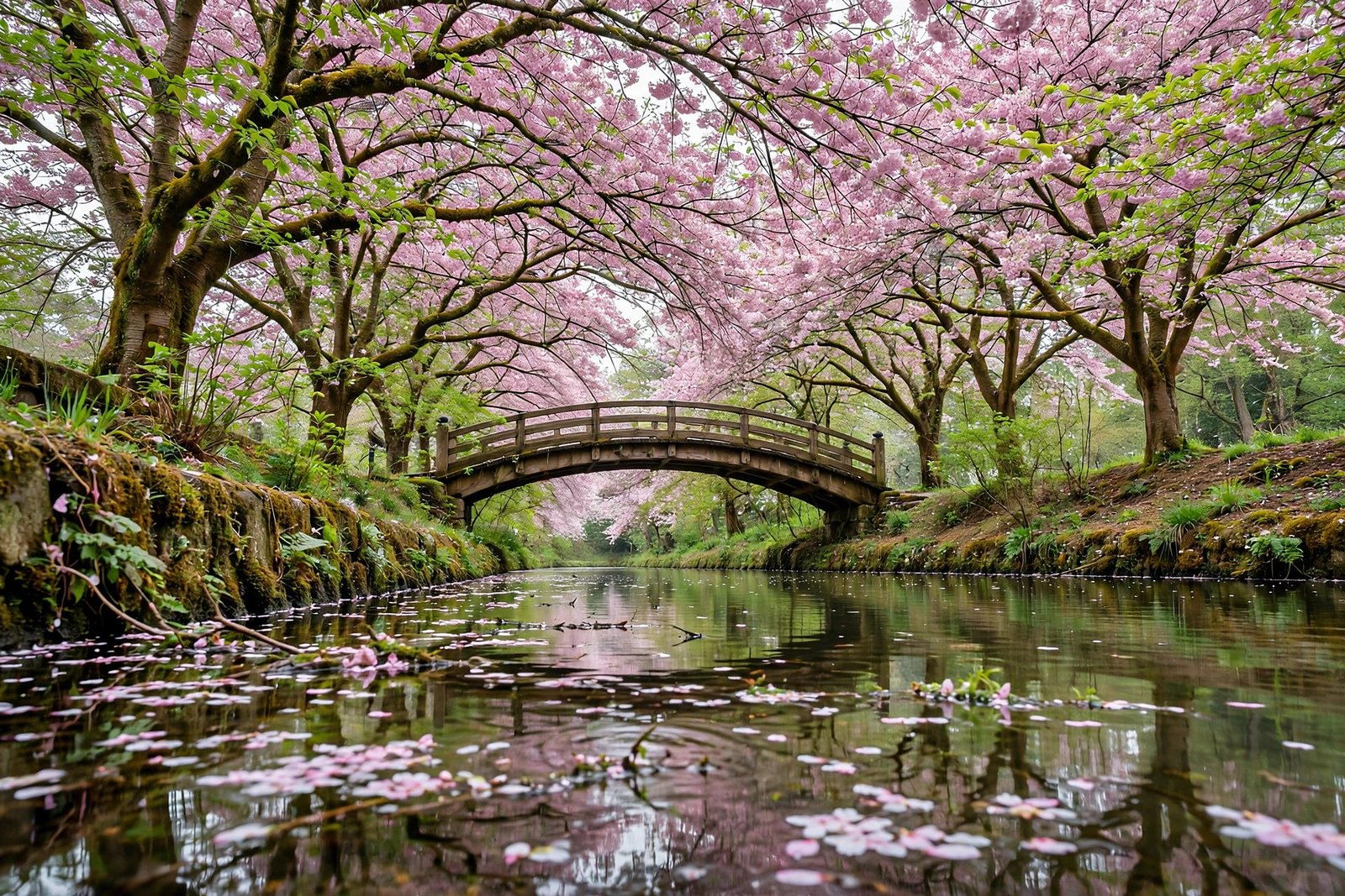 Cherry blossom canal with bridge reflection, floral HD wallpaper