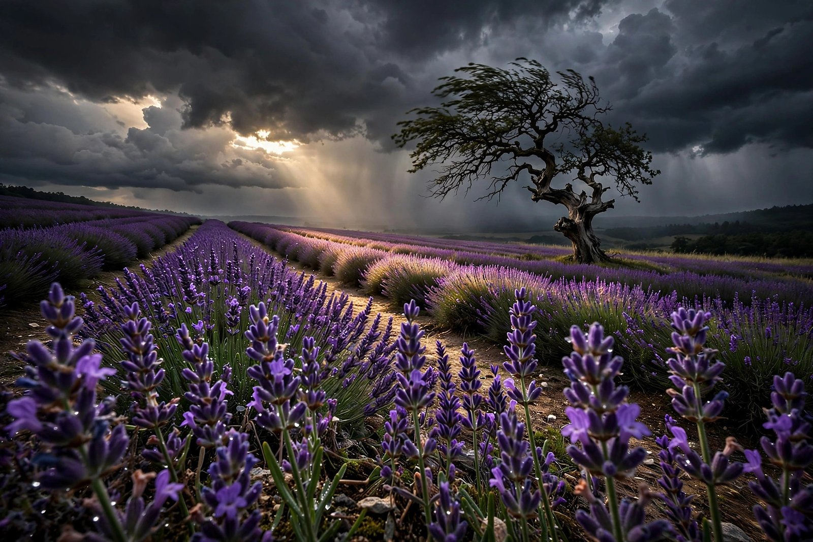 Lavender field under storm sky with oak tree, floral HD wallpaper