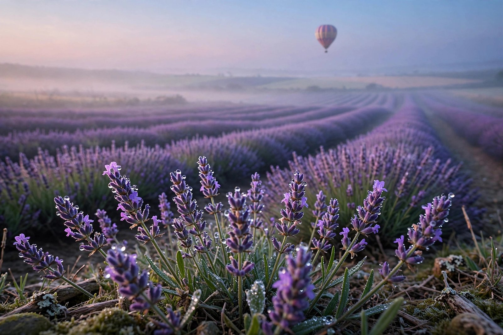 Lavender field at dawn with hot air balloon, floral HD wallpaper