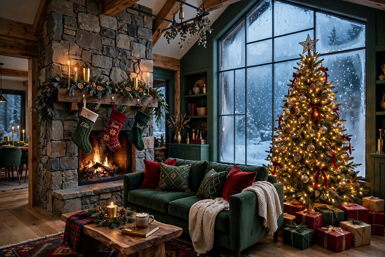 Cozy Christmas living room with fireplace and tree, HD wallpaper