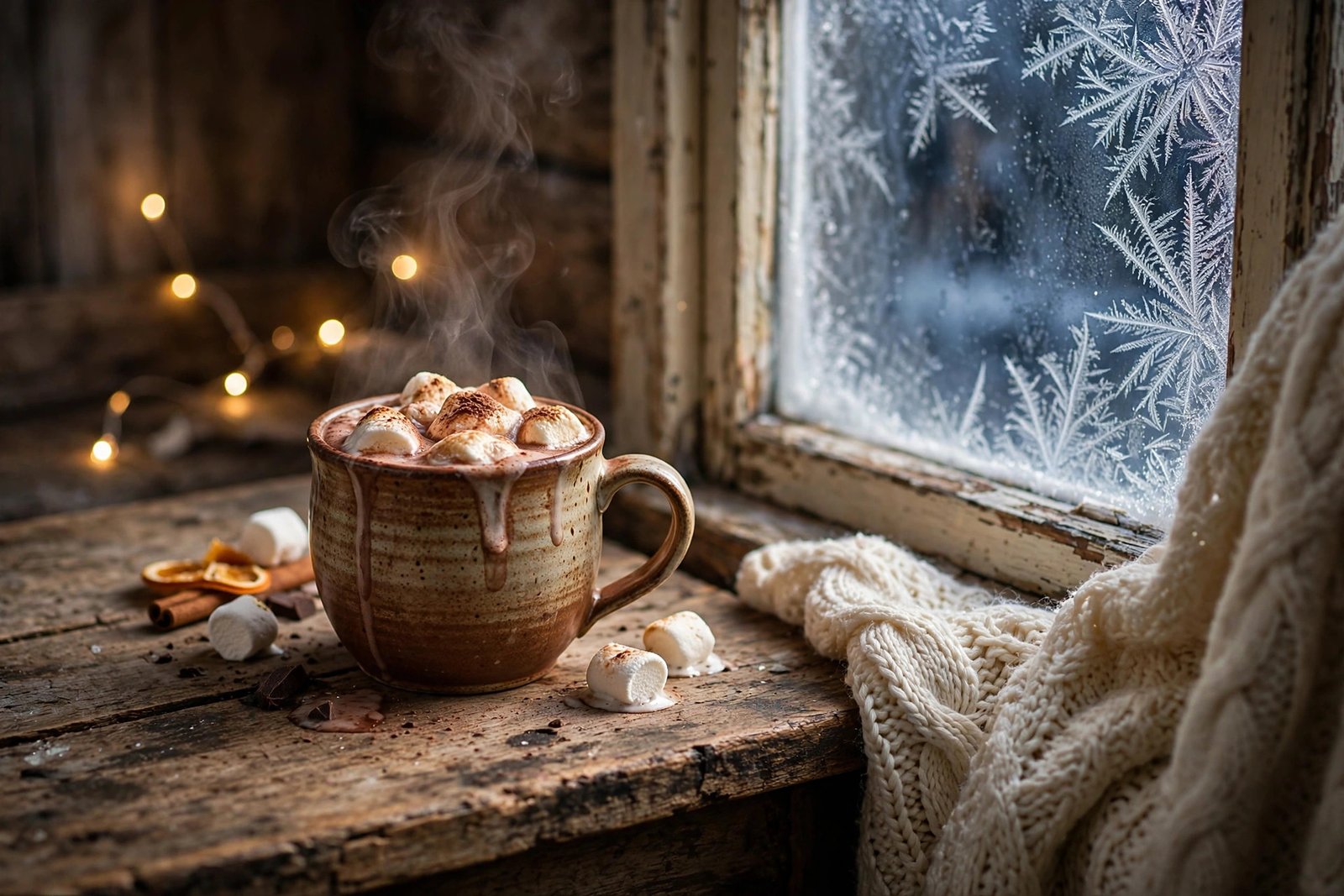 Hot chocolate by frosty window, cozy Christmas HD wallpaper