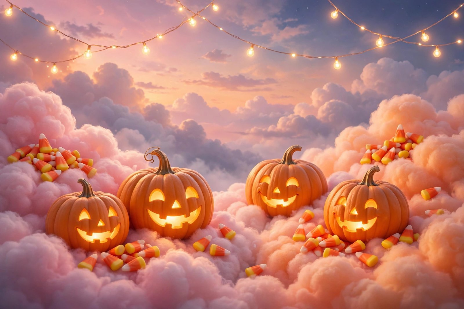 Cute aesthetic Halloween wallpaper: smiling jack-o'-lanterns and candy corn in a pastel pink-and-orange dusk