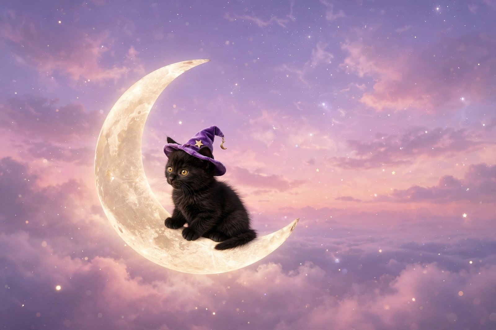 Cute aesthetic Halloween wallpaper: tiny black kitten in a purple witch hat on a glowing crescent moon