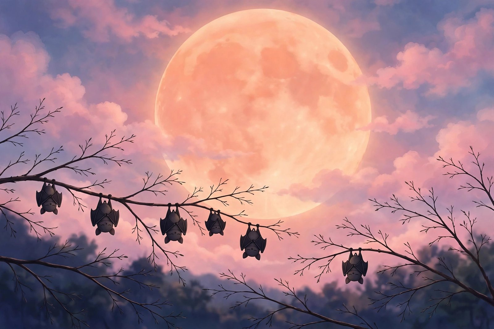 Cute aesthetic Halloween wallpaper: giant pastel-orange full moon with bat silhouettes