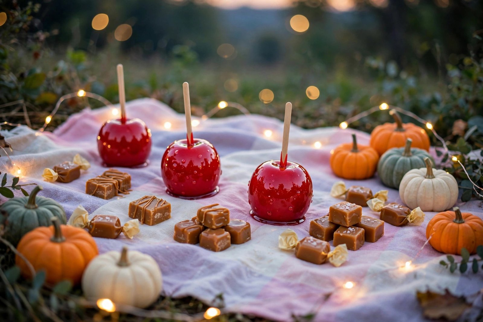 Cute aesthetic Halloween wallpaper: candy apples and caramel treats on a pastel picnic blanket