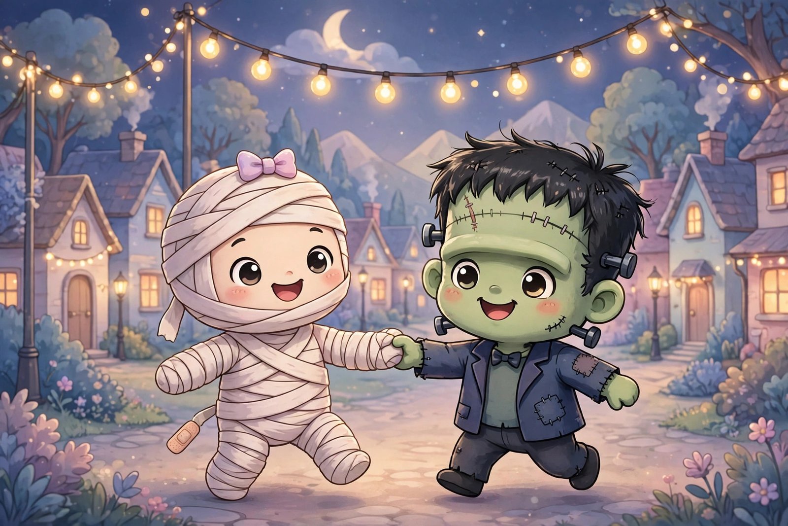 Cute aesthetic Halloween wallpaper: cute cartoon mummy and friendly little Frankenstein dancing under warm string lights in a pastel village