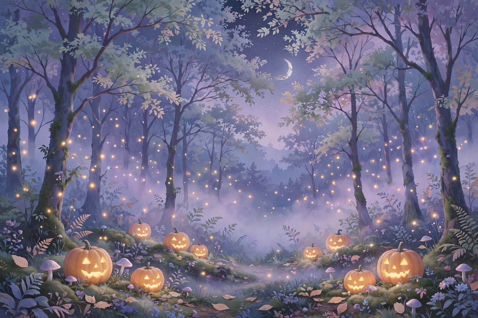 Cute aesthetic Halloween wallpaper: pastel night forest with glowing jack-o'-lanterns and fireflies