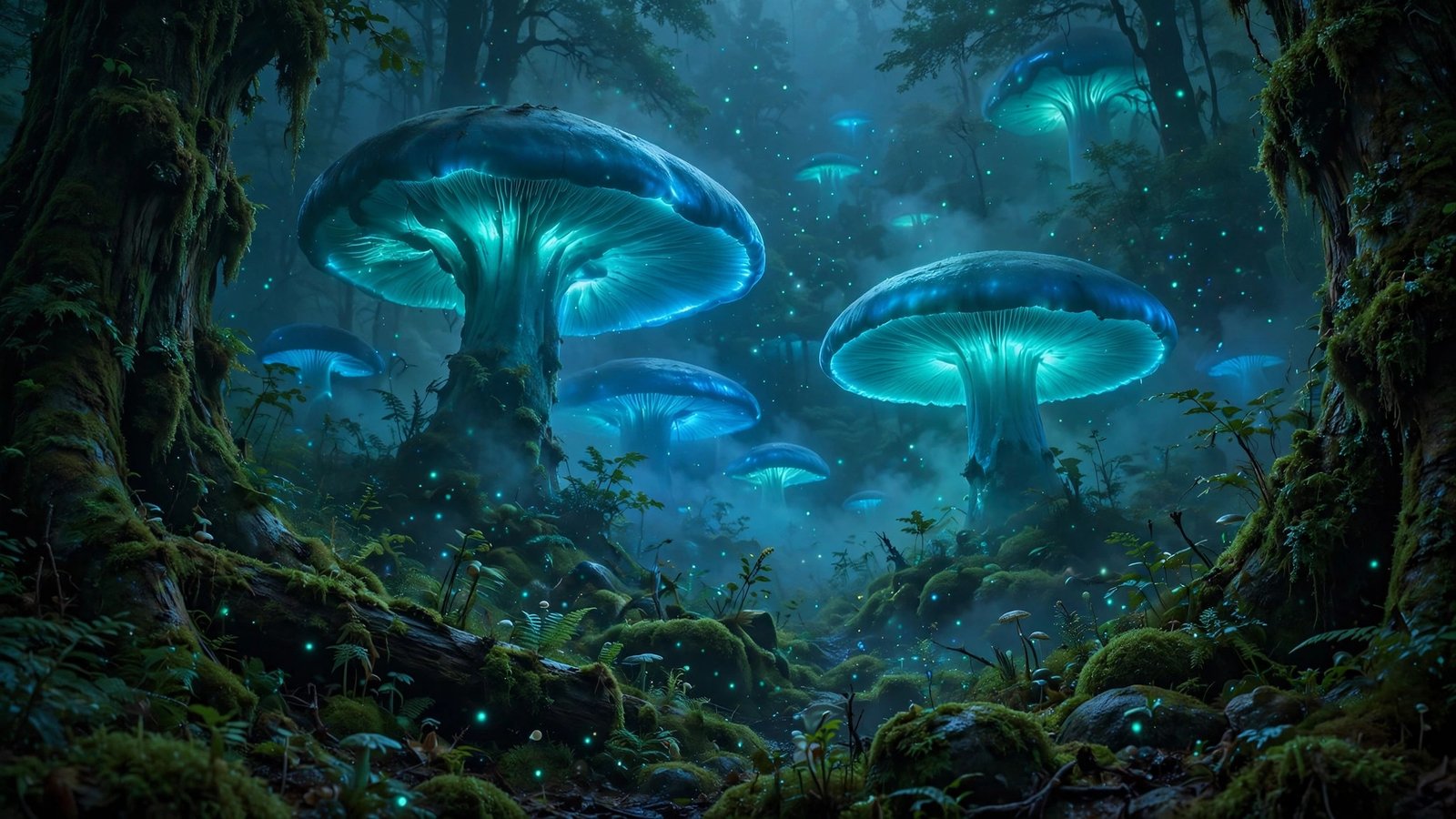 The Mushroom Cathedral - giant bioluminescent mushrooms glow electric blue in a misty night forest