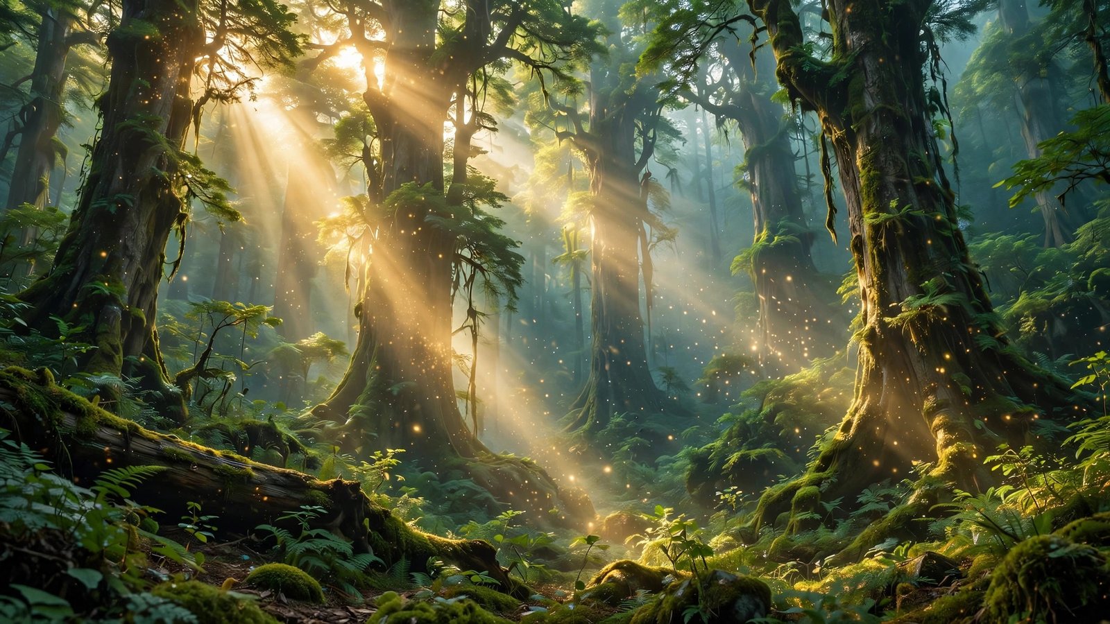 Sunbeam Grove - golden sunbeams pierce ancient towering trees