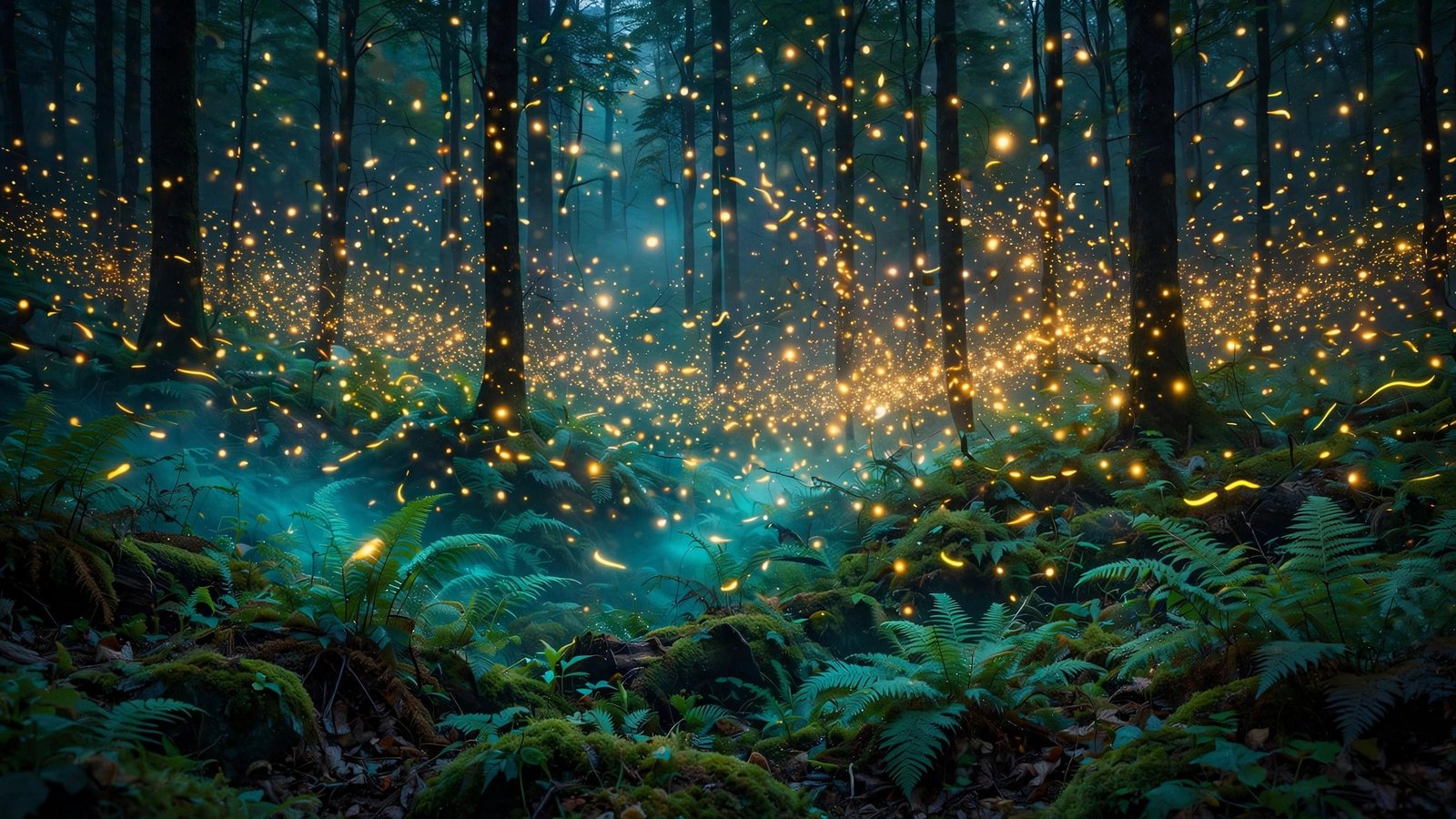 Firefly Dance - thousands of fireflies swirl over a fern-covered forest floor at dusk