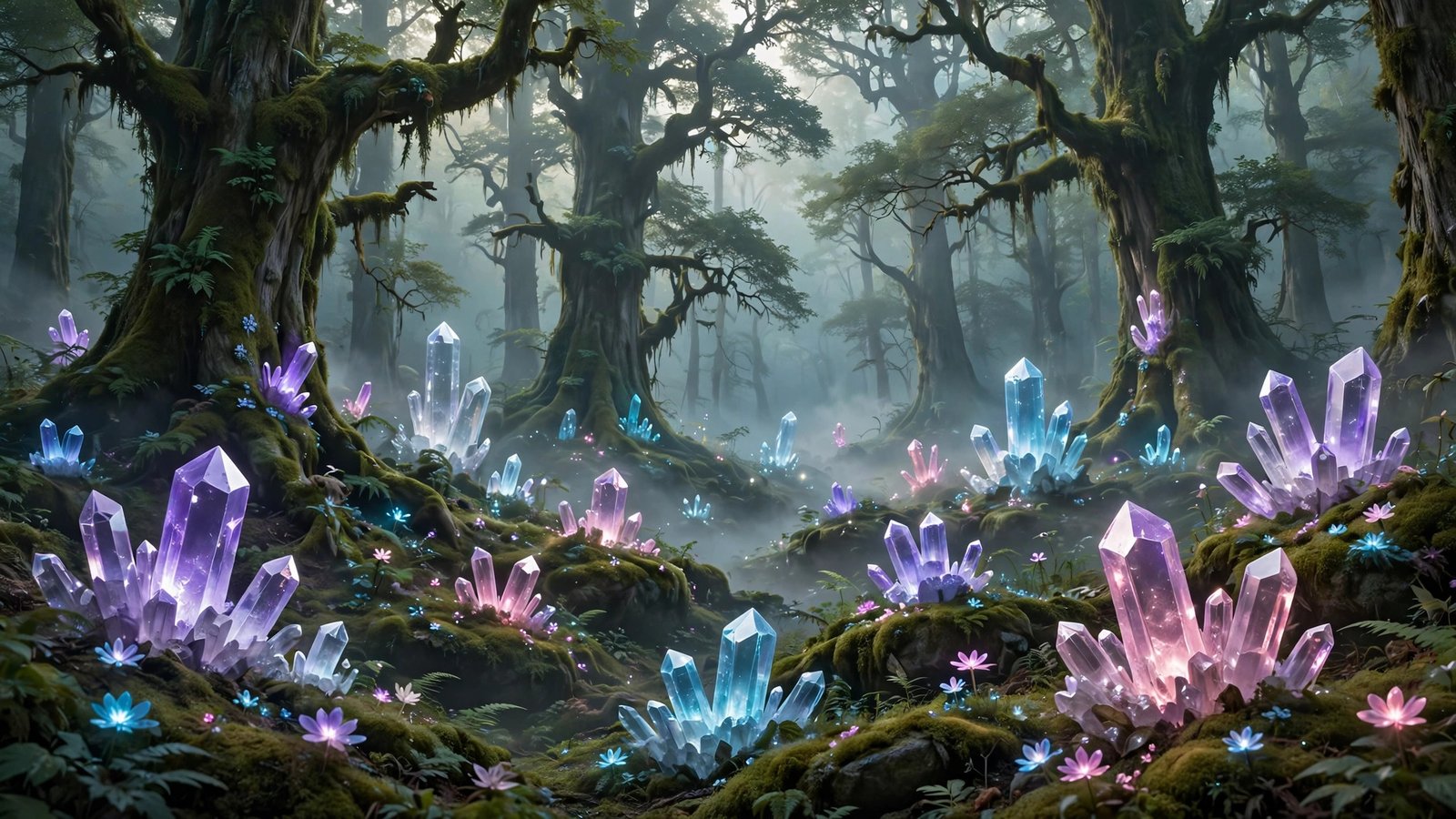 Crystal Clearing - translucent crystals glow among mossy trees in a hidden clearing